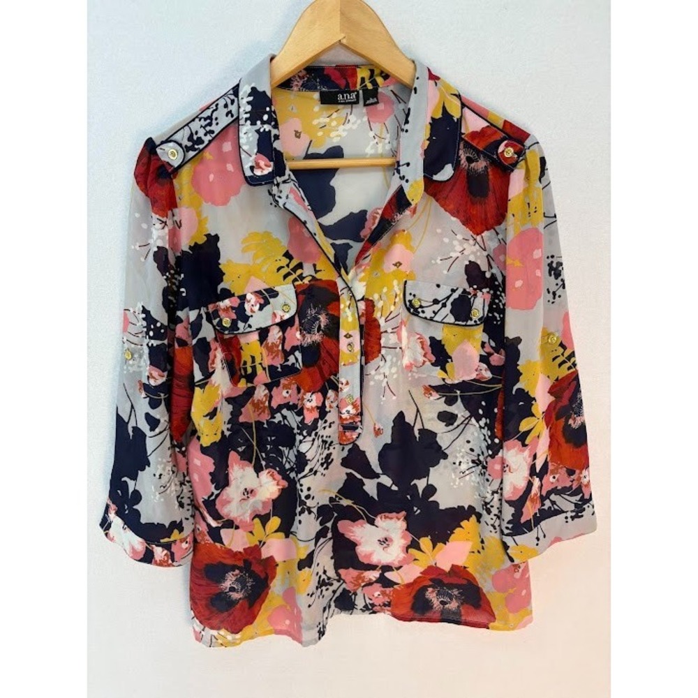 A.N.A Women's Floral Blouse Size Large Button Down Roll Tab Cottagecore, Granny